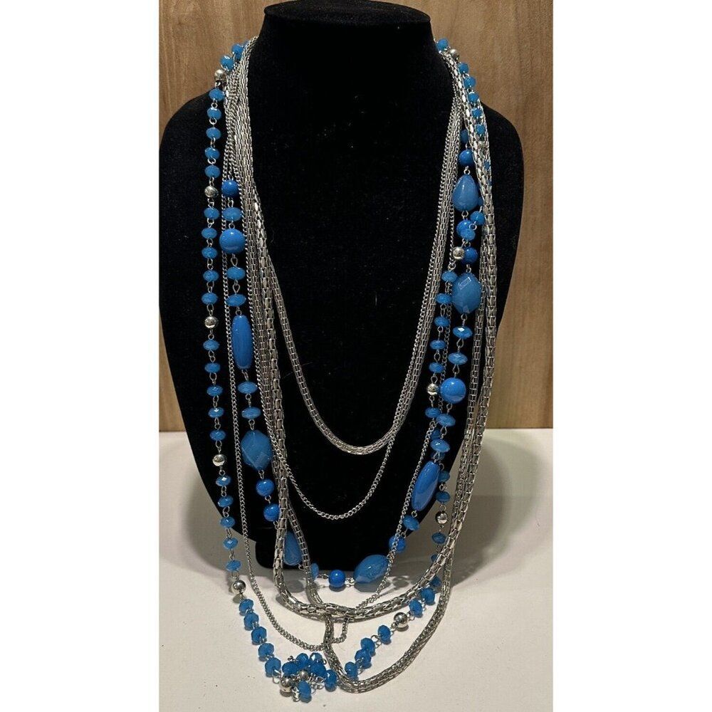 Vintage Statement Necklace Seven Strands Silver Tone Chains Blue Beads